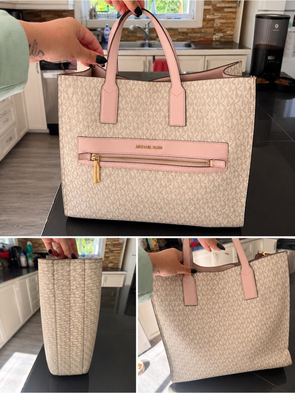 Michael Kors Beige Signature Tote with Soft Pink Trim